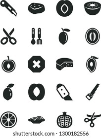 Solid Black Vector Icon Set - scissors vector, mark of injury, iron fork spoons, arm saw, knife, stationery, cheese, slices onion, piece meat, half pomegranate, plum, mango, peach, melon, cherry