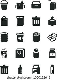 Solid Black Vector Icon Set - bin vector, measuring cup for feeding, bottle, powder, packing of juice with a straw, bucket, dust, drawer, bag handles, package, unpacking, tin, popcorn, coffe to go