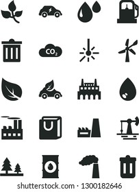 Solid Black Vector Icon Set - bin vector, drop, bag with handles, working oil derrick, leaves, leaf, gas station, wind energy, manufacture, forest, industrial building, thermal power plant, factory