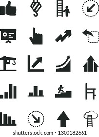 Solid Black Vector Icon Set - upward direction vector, growth up, chart, positive histogram, a chair for feeding, crane, hook, left bottom arrow, index finger, move, right, bar, financial report