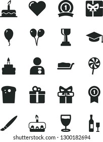 Solid Black Vector Icon Set - tassel vector, colored air balloons, balloon, cake, heart, gift, square academic hat, Easter, slice, torte, birthday, lollipop, glass, giftbox, gold cup, man with medal