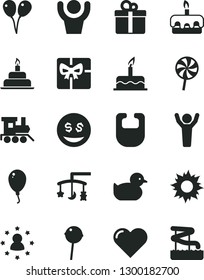 Solid Black Vector Icon Set - toys over the cradle vector, bib, baby duckling, toy train, colored air balloons, balloon, cake, birthday, heart, gift, torte, Chupa Chups, lollipop, giftbox, sun