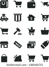 Solid Black Vector Icon Set - paper bag vector, hammer of a judge, motor vehicle present, building trolley, cart, put in, crossed, with handles, cards, label, stall, shopping, basket, wallet