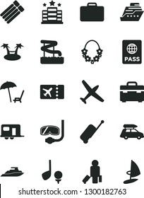 Solid Black Vector Icon Set - suitcase vector, passport, plane, car baggage, camper, passenger, ticket, rolling case, arnchair under umbrella, hawaii wreath, aquapark, diving mask, hotel, golf