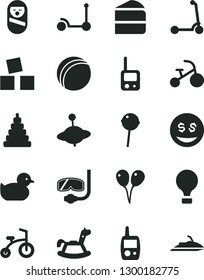 Solid Black Vector Icon Set - baby duckling vector, bath ball, stacking toy, roly poly doll, phone, mobile, yule, rocking horse, cubes for children, colored air balloons, child bicycle, tricycle