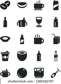 Solid Black Vector Icon Set - mug for feeding vector, measuring cup, bottle, packing of juice with a straw, coffee, plate milk, beans, tea, coffe to go, glass, soda can, orange, liquor, half