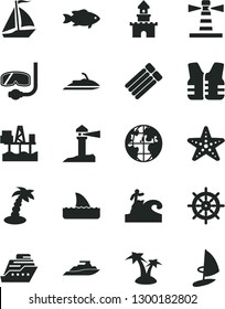 Solid Black Vector Icon Set - fish vector, commercial seaport, lighthouse, coastal, planet, sand castle, sail boat, palm tree, starfish, diving mask, surfing, handwheel, life vest, jet ski, cruiser