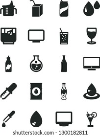 Solid Black Vector Icon Set - measuring cup for feeding vector, packing of juice with a straw, drop, screen, glass soda, tea, can, bottle, liquor, round flask, oil, monitor, pipette, cocktail