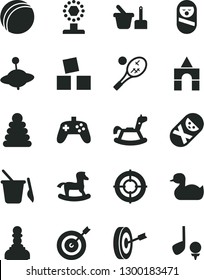 Solid Black Vector Icon Set - rubber duck vector, bath ball, stacking rings, roly poly doll, tumbler, toy sand set, children's, yule, rocking horse, small, cubes for children, box of bricks, cup