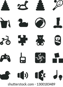 Solid Black Vector Icon Set - rubber duck vector, baby duckling, bath ball, stacking rings, toy, roly poly doll, phone, children's sand set, small teddy bear, rocking horse, cubes for children, golf