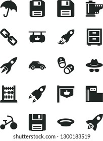 Solid Black Vector Icon Set - floppy disk vector, spectacles, hat with glasses, camera roll, bedside table, tricycle, child shoes, abacus, umbrella, plate, modern gas station, retro car
