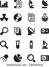 Solid Black Vector Icon Set - magnifier vector, negative histogram, artificial satellite, round flask, radiation, dish, antenna, ring diagram, pie charts, statistical research, article, test tube