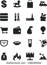 Solid Black Vector Icon Set - paper bag vector, dollar, iron fork spoons, small rocking horse, sink, shipment, plate, pear, cart, billboard with illumination, wallet, dollars, router, big data