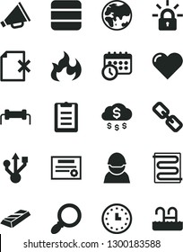 Solid Black Vector Icon Set - spectacles vector, horn, heating coil, heart, delete page, planet, racer, wall watch, usb, magnifier, big data, schedule clock, encrypting, flame, clipboard, patente