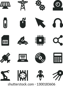 Solid Black Vector Icon Set - laptop vector, calculator, CD, power pole, eco car, assembly robot, SIM card, connections, radiator fan, mouse, cpu, web camera, headphones, cursor, test tube, gears