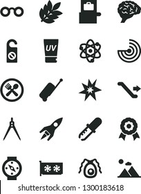 Solid Black Vector Icon Set - gpu card vector, atom, glasses, brain, bactery, pipette, drawing compass, radar, medal, rocket, biology, bang, escalator, baggage scanner, rolling case, uv cream, cafe