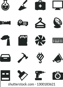 Solid Black Vector Icon Set - monitor vector, horn, medical bag, hook, trowel, cordless drill, construction level, putty knife, hammer with claw, drawer, hanger, round flask, manufacture, fan, usb