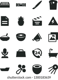 Solid Black Vector Icon Set - tassel vector, danger of electricity, scribbled paper, horn, movie cracker, baby rattle, bath, building level, brick, picture, 24, Easter cake, a bowl rice porridge