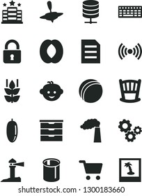 Solid Black Vector Icon Set - cradle vector, storage unit, bath ball, children's hairdo, small yule, lock, big data server, mint, half peach, date fruit, manufacture, pipes, shopping cart, gears