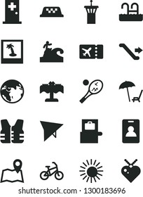 Solid Black Vector Icon Set - earth vector, taxi, hang glider, bike, airport tower, escalator, identity card, baggage scanner, plane ticket, armchair under umbrella, sun, pool, medical room, surfing