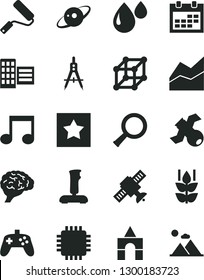 Solid Black Vector Icon Set - calendar vector, line chart, box of bricks, new roller, city block, mint, drop, Measuring compasses, cpu, note, joystick, zoom, brain, satellite, saturn, 3d cube, star