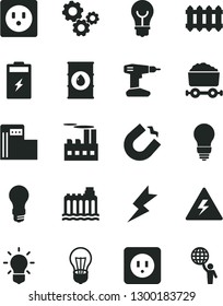 Solid Black Vector Icon Set - danger of electricity vector, drill, bulb, power socket type b, lightning, new radiator, charging battery, modern gas station, oil, light, hydroelectricity, gears