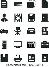 Solid Black Vector Icon Set - clean sheet of paper vector, suitcase, ntrance door, interroom, employee, notebook, screen, drawer, copy, article and the dollar, wall calendar, radiator fan, printer