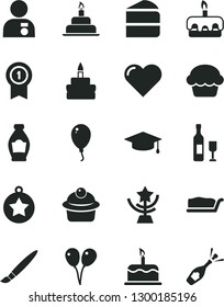 Solid Black Vector Icon Set - tassel vector, colored air balloons, balloon, birthday cake, heart, muffin, piece of, slice, torte, bottle, star cup, man with medal, graduate, pennant, wine, champagne