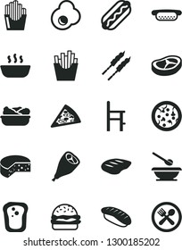 Solid Black Vector Icon Set - plates and spoons vector, a chair for feeding, cheese, pizza, piece of, Hot Dog, mini, burger, porridge, lettuce in plate, grill chicken leg, bacon, chop, barbecue, egg
