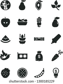 Solid Black Vector Icon Set - building level vector, lettuce in a plate, strawberries, mint, pear, tasty apple, half of mango, passion fruit, ripe guava, slice water melon, hot pepper, carrot, peas