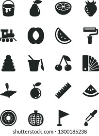 Solid Black Vector Icon Set - paint roller vector, yardstick, pennant, stacking rings, children's sand set, baby toy train, small yule, bucket, color samples, orange slice, cherry, half pomegranate