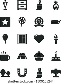 Solid Black Vector Icon Set - balloon vector, cake, window, plastic brush, wooden paint, paving slab, heart, nightstand, muffin, slice, lollipop, cup of tea, a pineapple, trees, flame torch, pennant