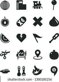 Solid Black Vector Icon Set - wind direction indicator vector, cross, electronic thermometer e, tumbler, plastic fork spoons, baby toy train, concrete mixer, broken heart, slices of onion, fig