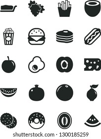 Solid Black Vector Icon Set - piece of cheese vector, Hot Dog, big burger, cake slice, glazed with a hole, French fries, cup popcorn, fried egg, biscuit, pancakes, half apricot, pomegranate, quince