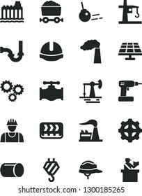 Solid Black Vector Icon Set - builder vector, hook, cordless drill, sewerage, construction helmet, core, solar panel, working oil derrick, valve, manufacture, factory, hydroelectricity, gear, pipe