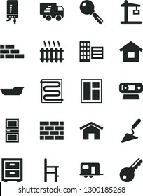 Solid Black Vector Icon Set - Bedside Table Vector, Bath, A Chair For Feeding, Dwelling, Brickwork, Brick Wall, Building Trowel, Window, Interroom Door, City Block, Heating Coil, Electronic Boiler