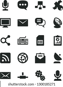 Solid Black Vector Icon Set - desktop microphone vector, monitor window, envelope, keyboard, rss feed, received letter, gears, satellite antenna, SIM card, connections, statistical overview, speech