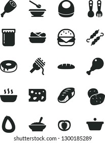 Solid Black Vector Icon Set - baby bib vector, plates and spoons, plastic fork, stick of sausage, piece cheese, loaf, big burger, spaghetti, cake with a hole, bowl buckwheat porridge, hot, thigh