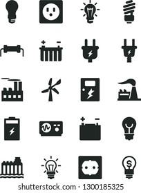 Solid Black Vector Icon Set - saving light bulb vector, power socket type f, dangers, charging battery, wind energy, factory, accumulator, hydroelectricity, plug, electric, industrial building, idea