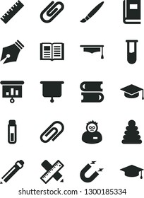 Solid Black Vector Icon Set - tassel vector, clip, graphite pencil, yardstick, stacking rings, books, writing accessories, book, square academic hat, magnet, presentation, test tube, scientist