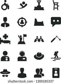 Solid Black Vector Icon Set - women vector, hat, with glasses, potty chair, a for feeding child, employee, operator, welding, woman, man in sight, think, conversation, winner podium, medal, flag