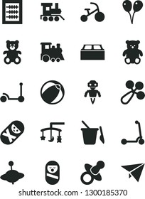 Solid Black Vector Icon Set - toys over the cradle vector, dummy, new abacus, baby rattle, bath ball, roly poly doll, tumbler, children's sand set, teddy bear, small, toy train, yule, tricycle