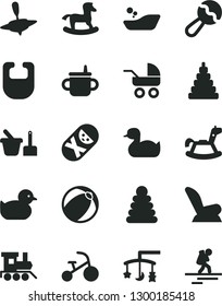 Solid Black Vector Icon Set - toys over the cradle vector, mug for feeding, bib, beanbag, car child seat, baby carriage, rubber duck, duckling, bath ball, children's bathroom, stacking rings, toy