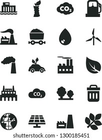 Solid Black Vector Icon Set - drop vector, apple stub, solar panel, leaf, gas station, windmill, manufacture, factory, hydroelectric, trees, industrial building, thermal power plant, CO2, planet