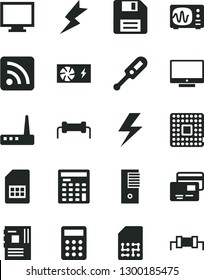 Solid Black Vector Icon Set - lightning vector, floppy disk, monitor, rss feed, electronic thermometer e, screen, cards, processor, SIM card, calculator, engineer, pc power supply, tower, router