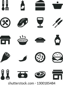 Solid Black Vector Icon Set - plastic fork spoons vector, iron, pizza, big burger, piece of cake, pie, porridge in a saucepan, grill chicken leg, bacon, barbecue, sushi, glass, bottle, liquor, kiosk