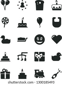 Solid Black Vector Icon Set - toys over the cradle vector, bib, rubber duck, baby duckling, children's train, colored air balloons, balloon, cake, birthday, heart, gift, Easter, slice, torte