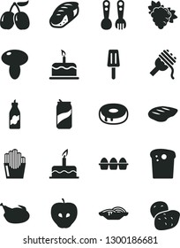 Solid Black Vector Icon Set - plastic fork spoons vector, cake, bundle of eggs, Easter, slices onion, spaghetti, mushroom, with a hole, chicken, chop, fried potato, sushi, soda can, popsicle, liquor