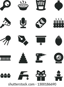Solid Black Vector Icon Set - desktop microphone vector, cradle, stacking toy, tumbler, cordless drill, paint roller, radiator, faucet mixer, artificial satellite, lens, bundle of eggs, medlar, gift
