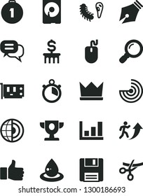 Solid Black Vector Icon Set - drop of oil vector, mouse, pc card, hdd, floppy, magnifier, bactery, growth graph, radar, earth core, stopwatch, ink pen, finger up, prize, man arrow, first place medal